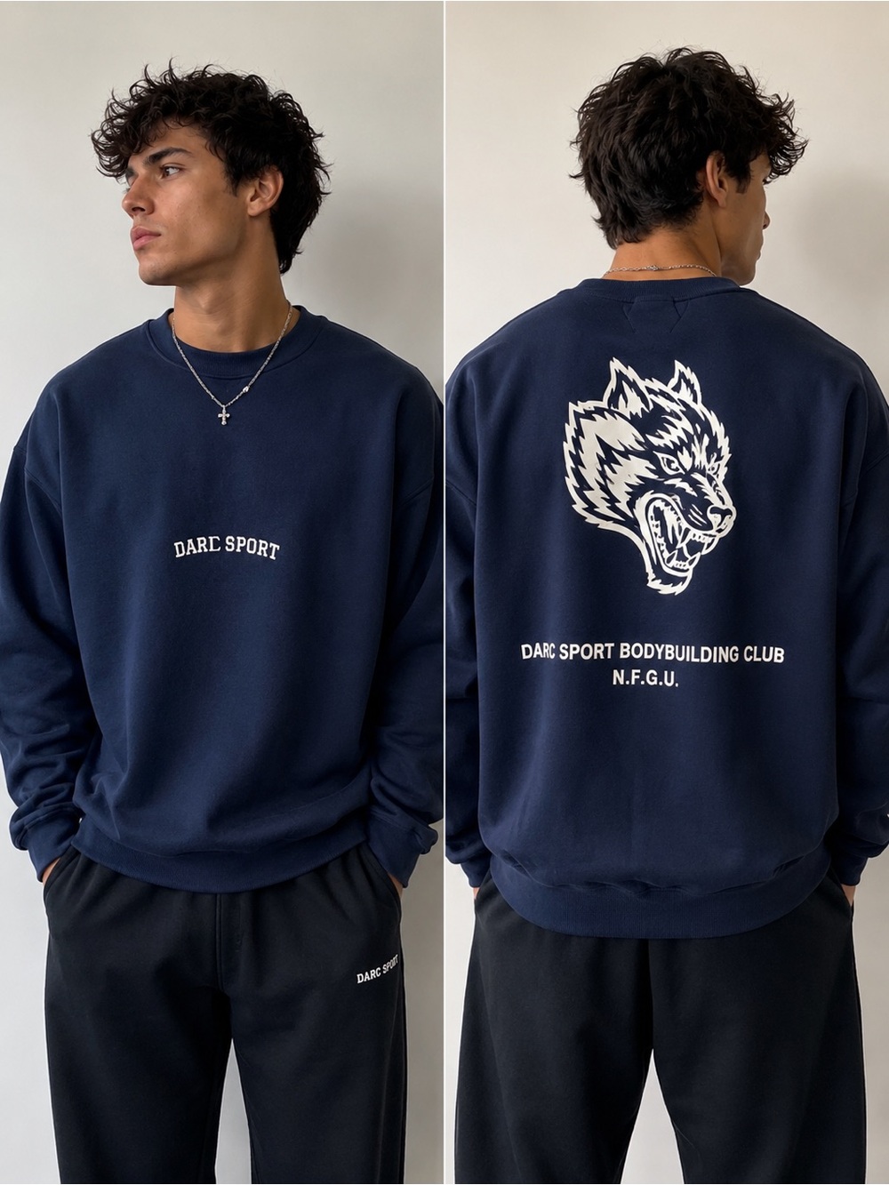 Darc Sport Wolf Graphic Navy Crewneck Sweatshirt Bodybuilding Club M